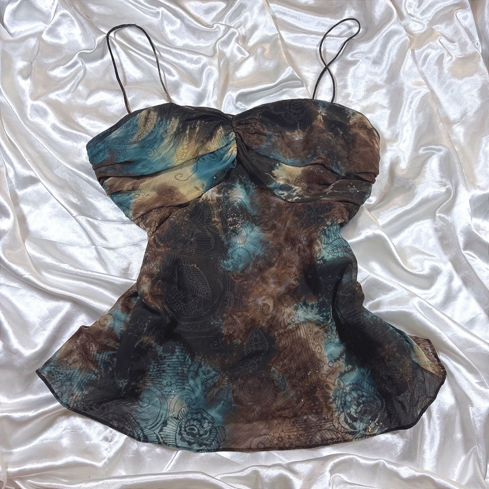 y2k Camisole Brown Excellent Dressbarn Abstract Mesh Glitter Spaghetti Strap Top